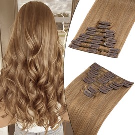 Elailite Real Hair Clip-In Extensions, 8 Wefts, Straight, #27 Dark Blonde, Real Human Hair, 40 cm - 65 g