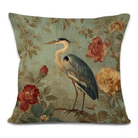 Lengues Chinoiserie Blue Heron Bird Floral Pillow Covers 18x18 inches, Bird Lover Gifts Throw Pillow Covers, Vintage Oriental Heron Botanical Decorative Pillowcases for Home Bed Living Room Couch