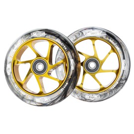 Pro Stunt - Ruedas para patinete de 110 mm y 24 mm, efecto acuarela con rodamientos ABEC-9 instalados, 2 unidades de ruedas de repuesto para patinete (núcleo negro de poliuretano dorado)