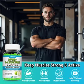 HMB and L-Leucine Gummies, 4000mg HMB and Leucine Supplements Amino Acid Gummies for Men & Women, Support Muscle Growth, Muscle Relief and Workout Recovery, Sugar-Free, Vegan, Apple Flavor, 60 Count