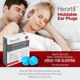 Heartli Premium Moldable Ultra Soft Silicon Ear Plugs Max Comfort Reusable - Noise Cancelling for Sleeping, Snoring, Working, Swimming, Travel, Concerts, Shooting, Etc. - 16 Count Includes 2 Travel Cases 27dB - Blue