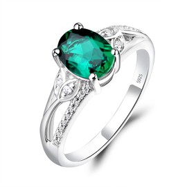 LUO 925 Sterling Silver Oval Shaped 1.13 CT Created Emerald Ring Leaf Engagement Ring May Birthstone Ring for Women US Size 10