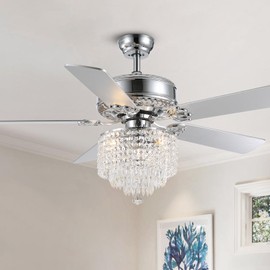 MOOONICHE 52" Modern Fandelier, Crystal Ceiling Fan with Lights and Remote, Sliver Elegant Chandelier Fan Light with 5 Wooden Dual-Sided Blades for Bedroom Living Room,6 Speed Reversible Motor,Timing