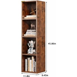 ALISENED 4 Cube Small Bookshelf, Narrow Storage Organizer Shelf, Wooden Corner Bookcase, Modern Thin Cubes Storage Organizer Display Shelving for Bedroom, Library, Living Room, Home, Office, Brown