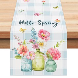 Bonhause Spring Floral Vase Bloom Table Runner 13x72 Inch Hello Spring Flower Butterfly Buffalo Plaid Kitchen Dinning Table Decoration for Indoor Outdoor Home Party Decor