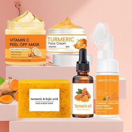 MIAOFUTONG Turmeric Skin Care Set, 5 Counts/set Including Soap & Cleansing Pad & Mousse Cleanser & Oil & Vitamin C Peel Off Mask & Moisturizer, Deep Cleansing & Nourishing Skin Care Kit