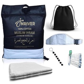 Ihram Set For Umrah Hajj - Mens Boys 2 Piece Towel Set 100% Cotton Lightweight Breathable Includes Umrah Essentials With Adjustable Belt Tawaf Beads Drawstring Bag