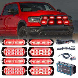 PKINGLAKE 8pcs Sync Feature Emergency Strobe Grille Lights LED Ultra Slim Surface Mount Flashing Hazard Warning Light Bar with Controller for Firefighter/Construction/Trucks/Vehicles/Car (Red)
