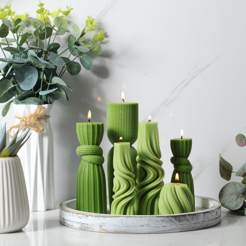 Threlaco 6 Pcs Ribbed Pillar Candles, Green