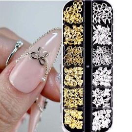 Mixed Gold Nail Charms Bow Nail Art Charms 3D Sliver Nail Charms Bow Nail Rhinestones Design Nail Supplies Jewelry Decoration for Women DIY Nail Accessories