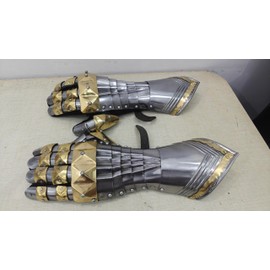 Medieval Gothic Gauntlets, Mild Steel and Brass Warrior Middle Age Armour Articulated Gloves, Historical Silver and Gold, Functional Armor for Cosplay, Adult Size