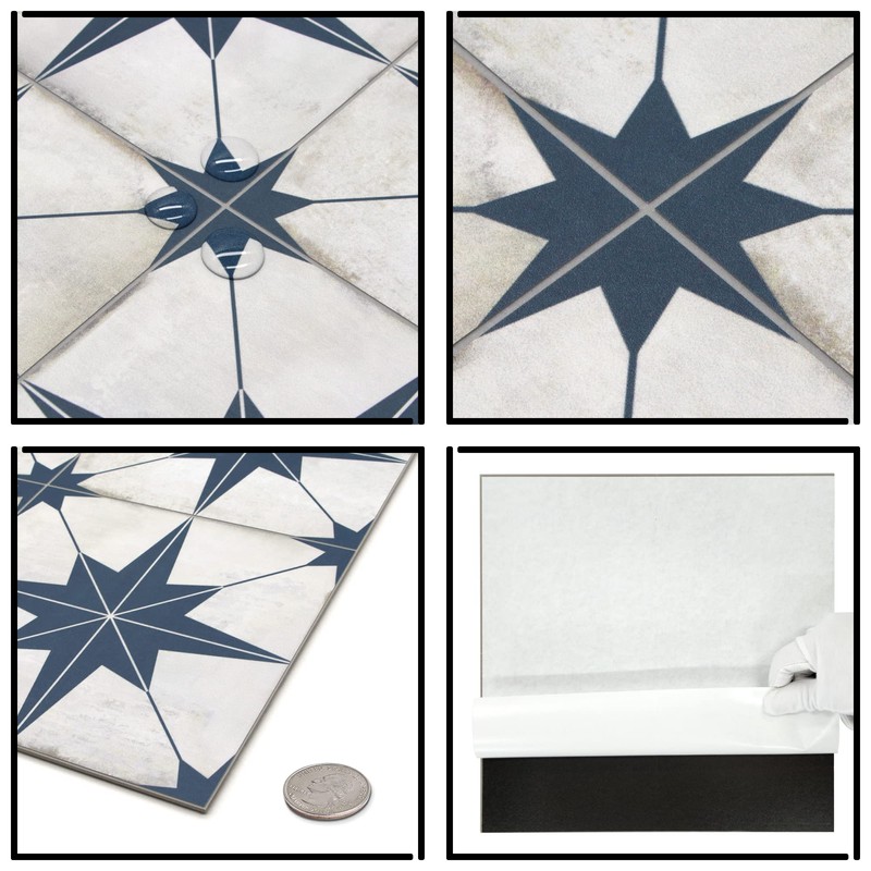 The Tiles Plaza Encaustic Peel and Stick Backsplash, Blue Star
