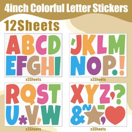Bulletin Board Letters Large Letter Stickers 4 Inch Self Adhesive Vinyl Waterproof Alphabet Stickers for Poster Board Letters Mailbox Classroom School Home Decor (12, Colorful)