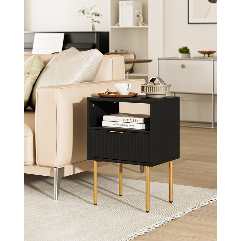 AEPOALUA Nightstand,Morden Bedside Table with Gold Frame,Small Black Night Stand,End