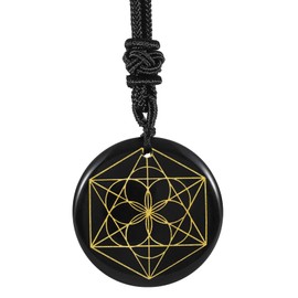 SUNYIK Engraved Black Obsidian Crystal Stone Necklace for Women Men Healing Crystal Amulet Round Stone Pendant for Protection with Adjustable Rope 18"-25", Seed of Life