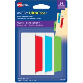 Avery UltraTabs Repositionable Filing Tabs, Two-Side Writable Index Tabs, 3" X 11/2", Assorted Primary Colours, 24 Tabs Per Pack (74775)