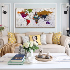 Framed wall art World Map Wall Art Canvas Picture 20inx40in Large Antiqued Map of The World Canvas Painting Artwork Prints for Office Wall Decor Home Living Room Decorations Framed Ready to Hang