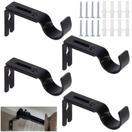 4 Pieces Curtain Rod Brackets, Curtain Rod Holder, Adjustable, Metal Curtain Rod Holder with Dowel Screws, Wall Mount Curtain Rod Holder, for Bedroom, Closet, Black