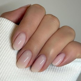 Beige Press on Nails Short Oval, SXVME Solid Color Acrylic Fake Nail Short Round, Nude False Nail Press ons Handmade of Gel, Natural Full Cover Glue on Nails For Women Daily Wear 24Pcs