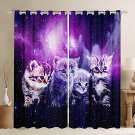 Cat Window Drapes Cute Pet Cats Curtains Outer Space Kawaii Kitten Window Curtains for Bedroom Living Room for Children Kids Boys Girls 3D Animal Theme Galaxy Window Treatments, 52x84 Inches,2 Panels
