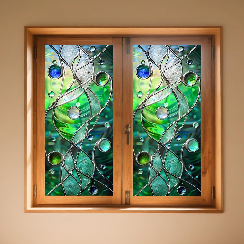 Privacy Window Film Stained Glass Window Blue Green Wave Decorative