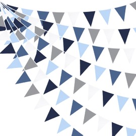 32Ft Dusty Blue Party Decorations Navy Blue Fabric Triangle Pennant Banner Flag Bunting Garland for Wedding Baby Shower Birthday Bridal Shower Engagement Bachelorette Graduation Party Supplies