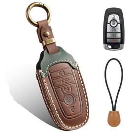 Compatible with Ford Key Fob Cover 5 Button, Hand-Stitched Vintage Leather Smart Key Case Pouch for F150 F250 F350 Explorer Ranger Expedition Maverick Mustang, Retro Sleeve with Brass Ring - Brown