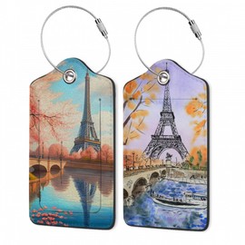 Set of 2 Luggage Tags,Vintage Eiffel Tower Leather Suitcases Tag Identifiers with Privacy Name Address Labels & Durable Steel Loop for Women Men Travel