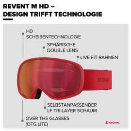 ATOMIC REVENT HD Ski Goggles – Red – Ski Goggles with Contrasting Colours – High Quality Mirrored Snowboard Goggles – Goggles with Live Fit Frame – Ski Goggles