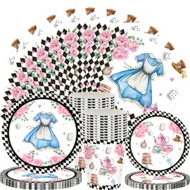 Pack of 96 Cartoon Children's Theme Party Tableware, Girls' Birthday Party Tableware, Including Plates, Cups, Cloths, for 24 Children's Birthday Party