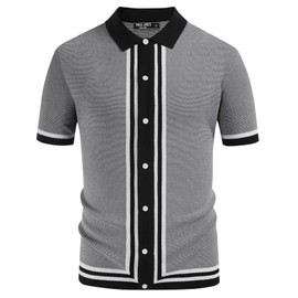 Men's Vintage Golf Polo Shirts Color Block Casual Striped Knit Shirts Black XL