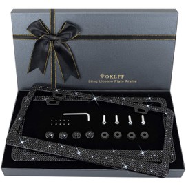 OKLPF Bling License Plate Frame for Women, 2PCS Sparkly License Plate Frames| Over 1200 pcs14 Facets Bedazzled Clear Glass Diamond Rhinestone Crystals w/Free Glitter Diamond Box (Black)