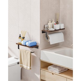 Banawey Paper Towel Holder Wall Mount with Shelf - Wooden Hanging Paper Towel Holder for Bathroom, Wall Mounted Hand Towel Holder, Paper Towel Rack for Bathroom, Kitchen, Laundry Room, Rustic Brown