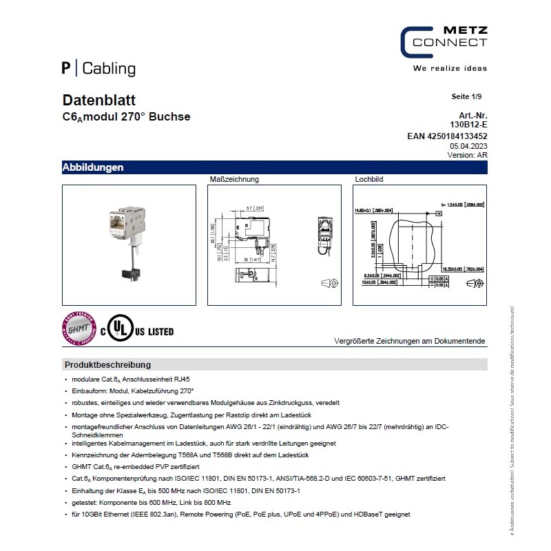 METZ CONNECT C6A Module 270° Socket