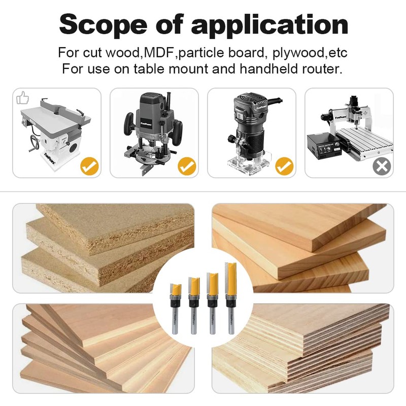 FivePears 4 PCS Pattern Flush Trim Router Bit Set 1/4