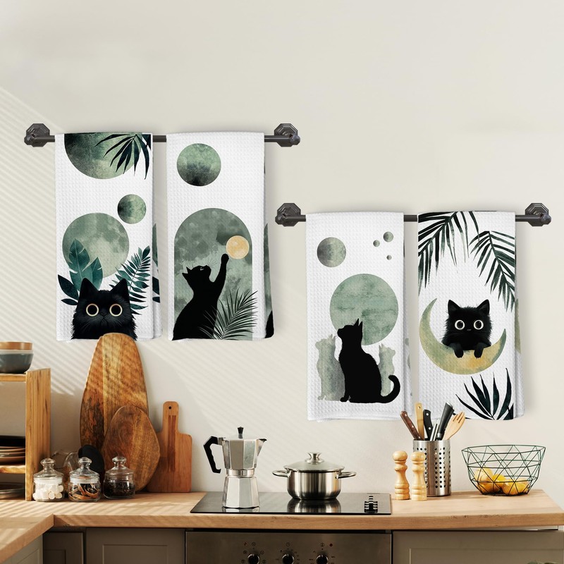Zeuiwr Boho Black Cat Kitchen Towels Set of 4, Sage