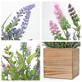 DILATATA Rustic Lavender Flowers Artificial Lavender Decor Fake Lavender Plant in Wooden Pot Faux Plants for Home Bathroom Table Centerpieces Wedding Decor Potted Lavender Flower Purple Decor