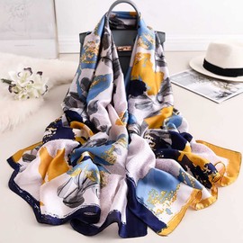 First Choose 100% Pure Silk Feeling Women Large Long Scarf Shawl Check Style Sunscreen Shawls Wraps-Lightweight Floral Pattern (Blue Wash painting)