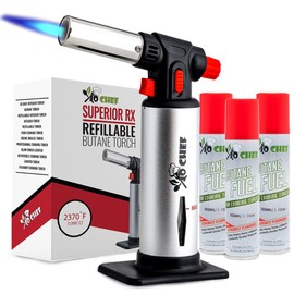 Jo Chef Kitchen Torch With Butane included, Refillable Butane Torch, Creme Brulee Torch, Blow Torch Lighter gun With Safety Lock & Adjustable Flame, 3 Cans Included