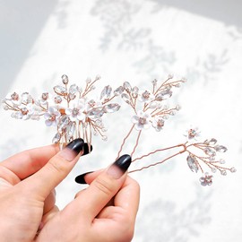 IYOU bridal wedding hair comb silver flower rhinestone glitter crystal bridal leaf side combs beads hair accessories for women and girls pack of 3