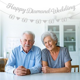 60th Wedding Anniversary Decorations,Happy Golden Wedding Anniversary Decorations,Happy Anniversary Banner Whit Gold Heart Number 60 Bunting Glitter Hearts Garland,for 60th Birthday Wedding Party (C)