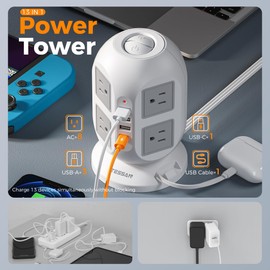 Tower Power Strip Surge Protector 10 Ft, TESSAN Flat Plug Extension Cord with Multiple Outlets, 8 AC Outlets, 4 USB Ports (1 USB C), 1 Built-in USB Cable, Desk Charging Station for Home Dorm Office