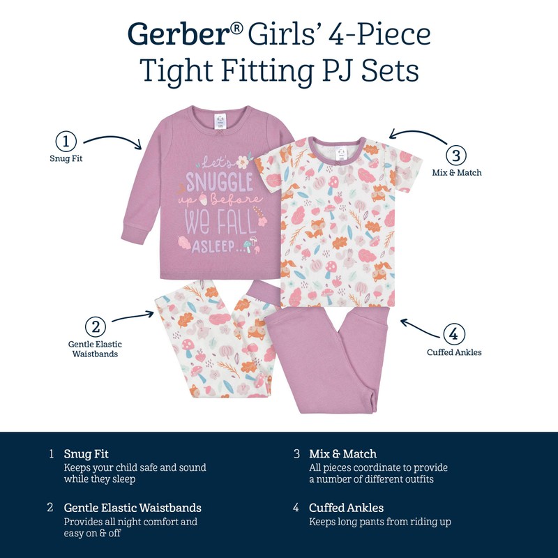 Gerber - Conjunto de Pijama de 4 Piezas para bebés