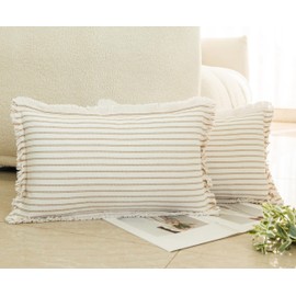 LIGICKY Set of 2 Fringe Lumbar Cushion Covers with Tassels Khaki Striped Boho Farmhouse Throw Pillow Covers Soft Rectangle Cushion Cases for Sofa Couch Bed Living Room Decor, 12 x 20 inch