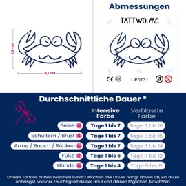 Tattwo.me Temporary Tattoos for Adults and Kids 2 Weeks Waterproof - Crab - Vegetable Ink - EU Cosmetic Certificate - (P0731)