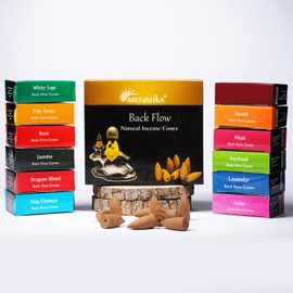 ARO VATIKA Backflow Natural Incense Cones 12 Packs Total 120 pcs of 12 fragrances (Dragon Blood,Lavender,Musk,Nag Champa,Rose,Palo Santo,Patchouli,Sandal,White Sage,Lotus,Frankincense & Myrrh,Jasmine)