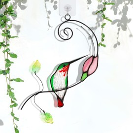 YURNZIDE Handmade Stained Glass Hummingbird Suncatcher, Window Hanging Ornament with Flower Design, Indoor Outdoor Garden Decor