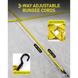 4 Pack 3 Way Flat Adjustable Bungee Cords with Hooks, Easy to Adjust The 3 Sides Length, Lucky Straps 30 Inch Black/Yellow Heavy Duty Tack Strap for Bike, Motorcycle, Roof Rack, Kayak, Cargo, etc
