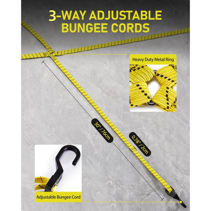 4 Pack 3 Way Flat Adjustable Bungee Cords with Hooks,