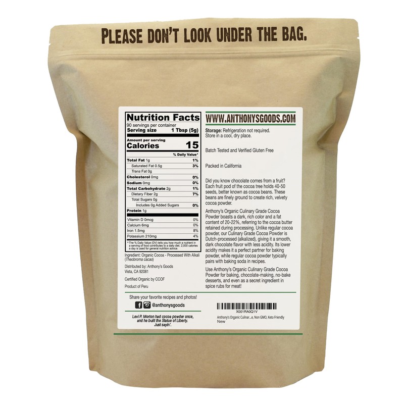 Anthony's Organic Culinary Grade Cocoa Powder, 1 lb, Dutch Processed